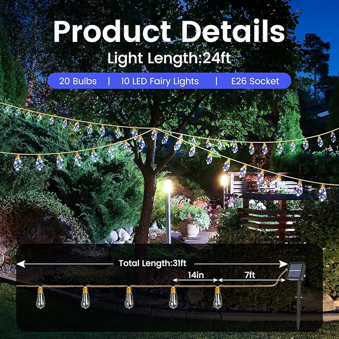 2Pack Solar Outdoor String Lights 24FT Vintage Rope Hemp Solar Lights with 20 Shatterproof Bulbs,8 Modes Solar | Lumora