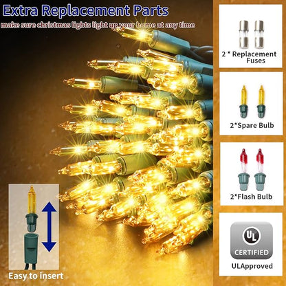 Ultra-Bright Connects End to End Yellow Christmas Mini Lights 300L 63.8Ft(2Sets-Each 150L) UL Listed Incandescent Bulb String Light for Indoor Outdoor Holiday Garden Christmas Tree Decor