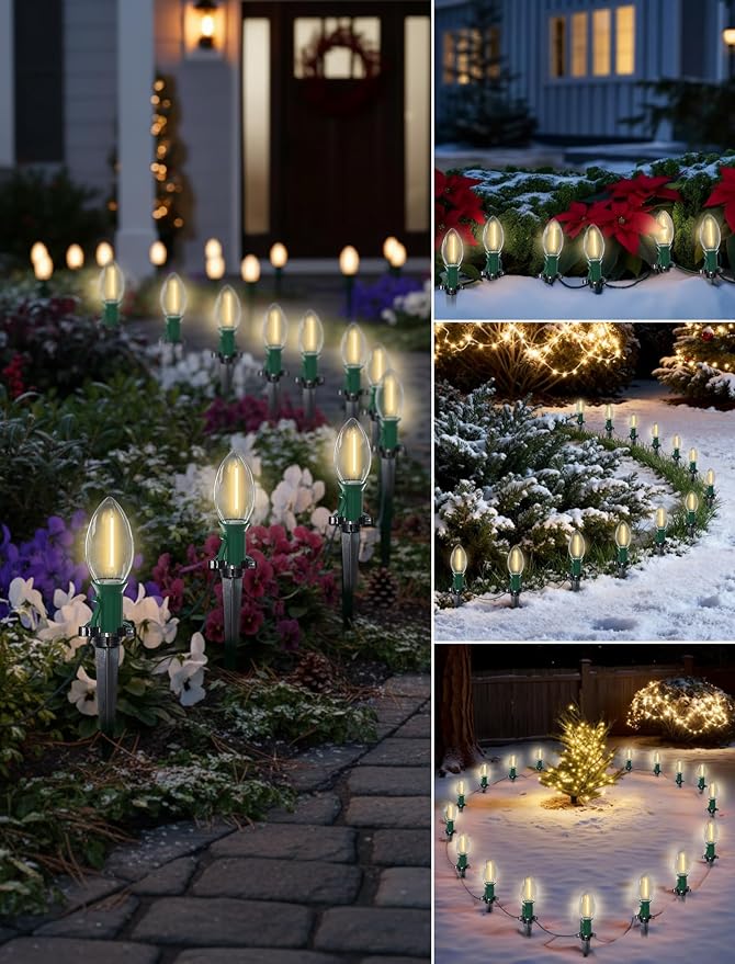 38FT C9 LED Christmas Pathway Lights,25 Warm White Connectable Weatherproof LED Christmas Walkway Lights with C9 Bulbs and Stakes for Driveway Yard Lawn Sidewalk Xmas Decoration