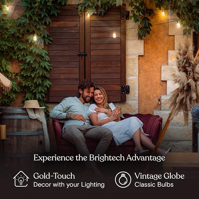 Brightech Glow Solar LED String Lights - Commercial Grade Waterproof Patio Lights with Beautiful Brass Accents - Shatterproof LED Solar Outdoor String Lights - 1W, Soft White Light - 27 Ft