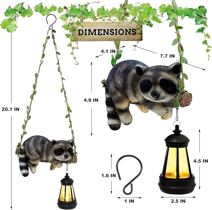 Solar Lighted Garden Outdoor Statue, 20.1" H Hanging Swing Lying with A Sleeping Raccoon and A LED Lantern, Resin | Lumora