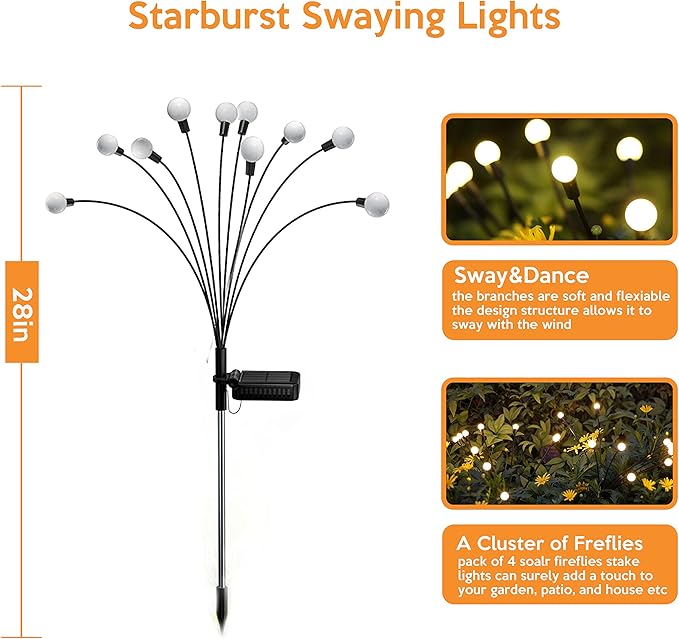 Solar Garden Lights - Pack of 4 Solar Firefly Lights Sway by Wind, Waterproof 40 LEDs Outdoor Lights, Pathway | Lumora