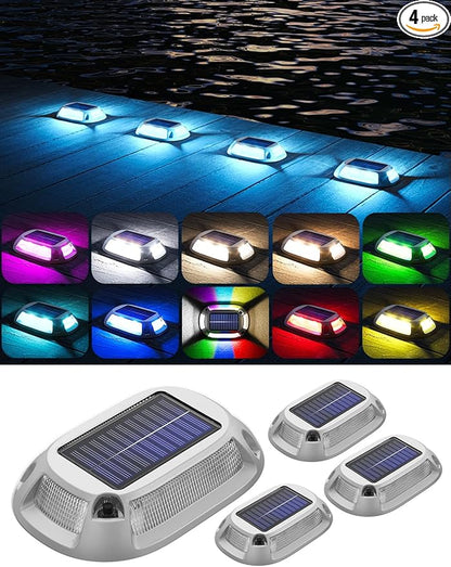 4Pack Aluminum Alloy Solar Driveway Lights, IP68 Solar Deck Light Marine Dock Lights Outdoor Waterproof, Multi-color LED Driveway Markers for Walkway, Path Decor [12Modes - Strobe/RGB/Fix-color]