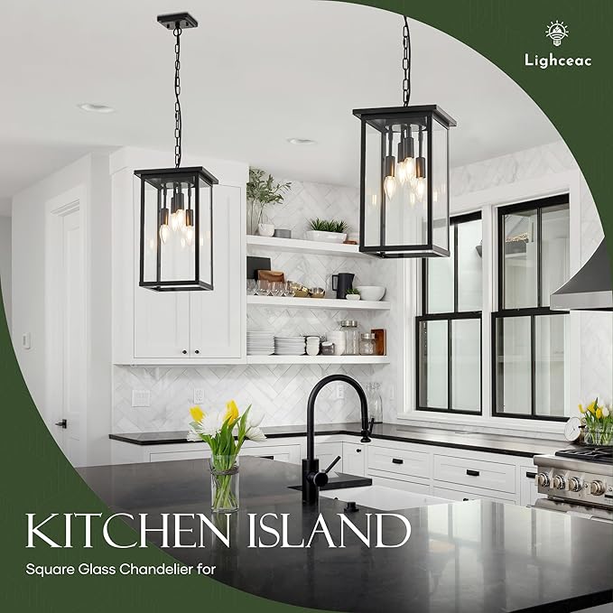 10" Modern 4-Light Exterior Black Square Lantern Pendant Light Fixture with Clear Glass Industrial Hanging Cage | Lumora