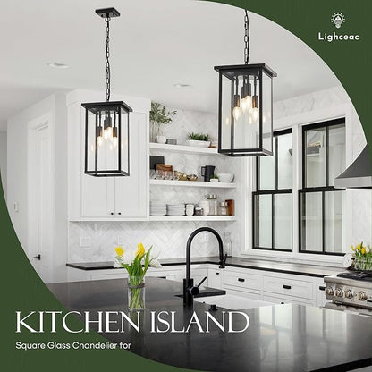 10" Modern 4-Light Exterior Black Square Lantern Pendant Light Fixture with Clear Glass Industrial Hanging Cage Chandelier for Outdoor Porch Kitchen Island Dining Room Hallway Entryway Foyer