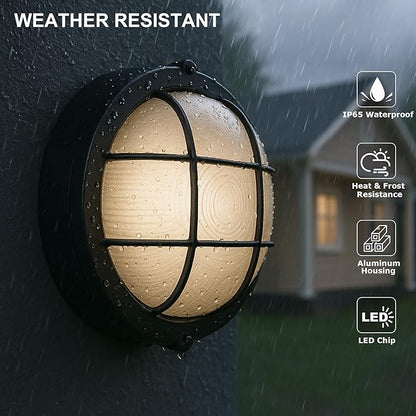GRUENLICH 8'' Round LED Bulkhead Light Fixture, Outdoor Wall Lights Dimmable, Sauna & Exterior Lighting, ETL Rated, 15W 1500 Lumen, 3000K Warm White, Black Cast Aluminum, Wall/Ceiling Mount, 1 Pack