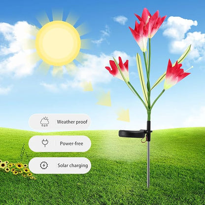 Totority Solar Powered Outdoor Garden Flower LED Lights with Ground Stake, Colorful 4-Head Lily Design, 2pcs White and Pink Solar Pathway Lamps for Lawn Décor