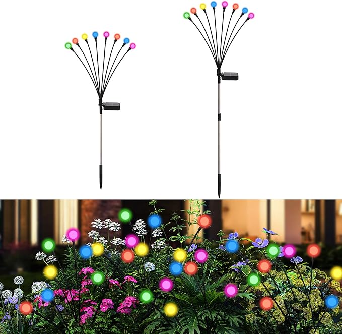Solar Firefly Lights Outdoor Waterproof,8 Mode RGB Color Changing Firefly Swaying Solar Lights Stakes for Outside Christmas Holiday Yard Patio Plant Landscape Garden Decor 2 Pack(Multicolor)