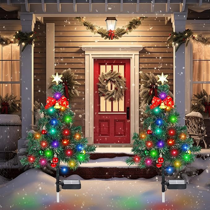 Baquler 2 Pcs Solar Christmas Tree Garden Stake Lights Outdoor Christmas Tree Yard Decorations Multicolor Solar Stakes for Pathway Lawn Patio Xmas Ornament (Vibrant Style)