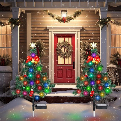 Baquler 2 Pcs Solar Christmas Tree Garden Stake Lights Outdoor Christmas Tree Yard Decorations Multicolor Solar Stakes for Pathway Lawn Patio Xmas Ornament (Vibrant Style)