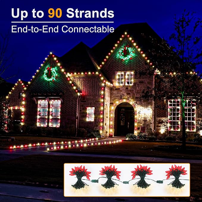 Brizled Red & Warm White C9 Christmas Lights, 33ft 50 LED Faceted Outdoor Christmas Lights, Connectable Xmas Tree Light, UL Certified Indoor Light String Waterproof for Outside House Roof Party Decor