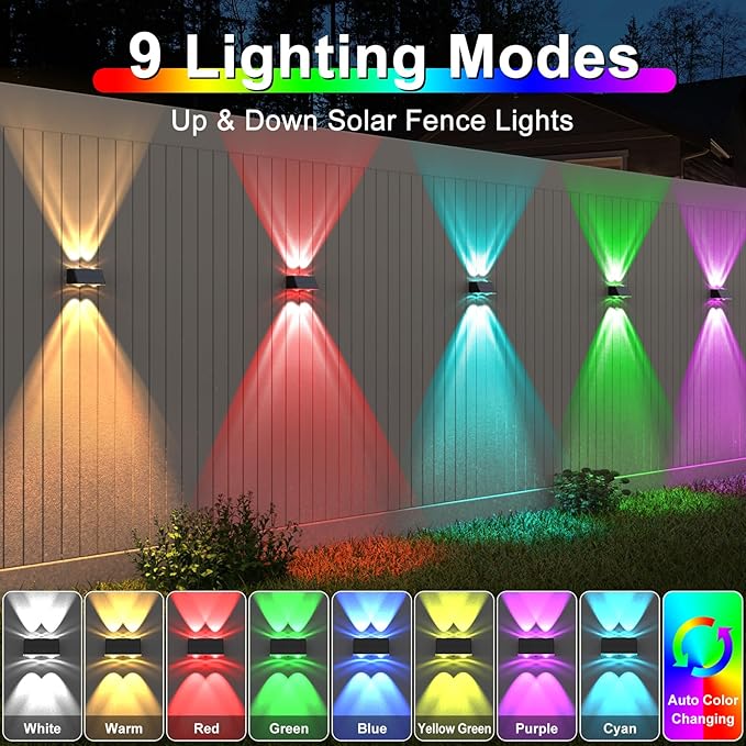 LANSOW Solar Fence Lights 8 Pack, Solar Powered Lights Outdoor Waterproof, 9-Mode Warm/Cool White & RGB Up-Down Led Spot Wall Lights Dusk to Dawn Decor for Backyard, Deck, Patio, Pool, Railing(Black)