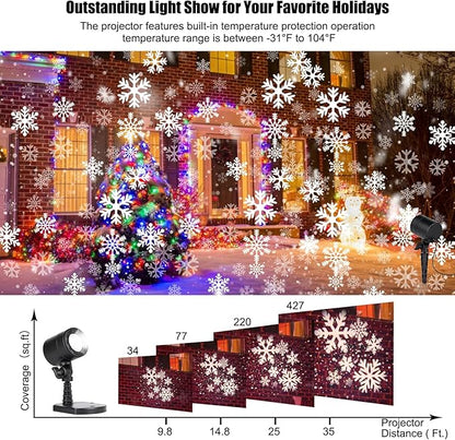 Christmas Snowflake Projector Lights Outdoor LED Snowfall Projection Landscape Lighting Waterproof Plug in Moving Effect Wall Mountable Snow Lights for Indoor Xmas Holiday Home Party New Year Show