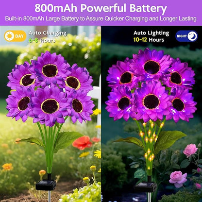 Solar Sunflower Lights Outdoor Garden Decor, 6 Pack Solar Purple Flowers Lights with 18 Sunflowers, Waterproof Fall Decor Stake Decorative Light Auto ON/Off for Garden Yard Patio, Gift for Women