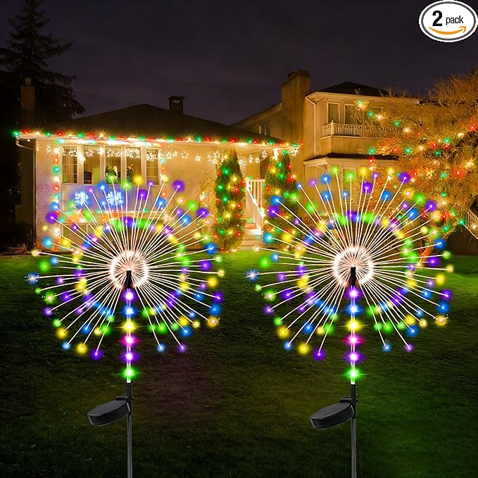 2 Pack 250LED Solar Garden Lights Outdoor, Dual Lighting Modes Firework Lights Solar Powered, Waterproof Twinkle Fairy Light Outside for Yard Patio Pathway Christmas Party Decorative (Multicolor)