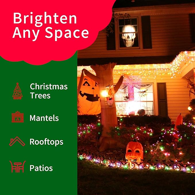 Ultra-Bright Connects End to End Orange Purple and Green Christmas Mini Lights 300L 63.8Ft(2Sets-Each 150L)UL Listed Incandescent Bulb String Light for Indoor Outdoor Halloween Tree Decor