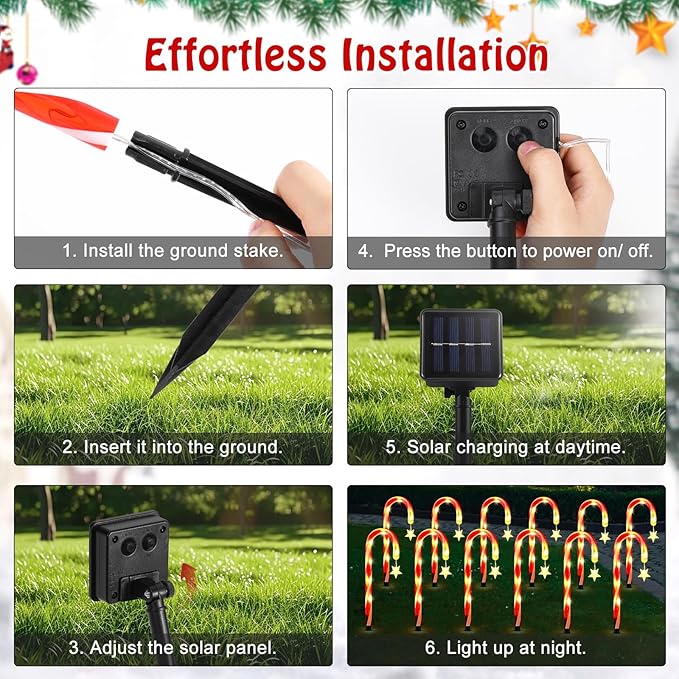 Lewondr 15" Solar Christmas Candy Cane Lights Outdoor, Pathway Stake Lights with 2 Modes, 216 LED Beads, Waterproof | Lumora