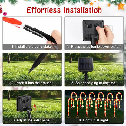 Lewondr 15" Solar Christmas Candy Cane Lights Outdoor, Pathway Stake Lights with 2 Modes, 108 LED Beads, Waterproof Outside Xmas Decorations with Star Decor Lights for Yard Garden Holiday, 12 Pack