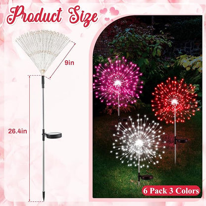 6 Pcs Valentine's Day Solar Firework Lights Solar Lights Outdoor Garden 120 LED 8 Modes Waterproof LED Sparkler Outdoor for Valentines Patio Yard Pathway Walkway (Red,White,Pink)
