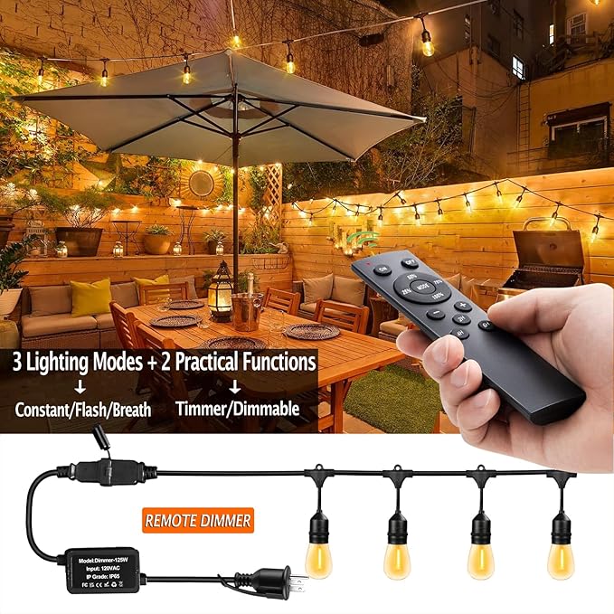 1-Pack 150 ft Outdoor String Lights with Remote Patio Lights Weatherproof, 45+3 Spare S14 Shatterproof Warm 2200K | Lumora