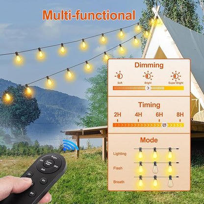 Stright 55FT Solar String Lights Outside Remote Control with USB Charging Port E12 S14 Bulbs, 55 Feet 15 Sockets Outdoor Lights Dimmable Solar Power LED Bulbs for Patio Garden Market Bistro Backyard