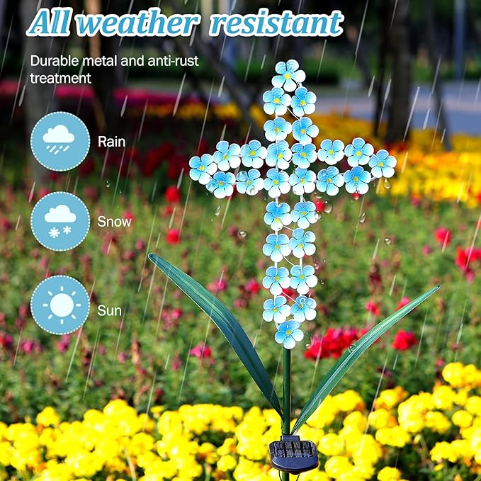 Solar Cross Garden Stake Outdoor Lights, 40 Inch Solar Powered Cross Lights Stake with 24 LED Decorative Flower Lights for Remembrance Gifts