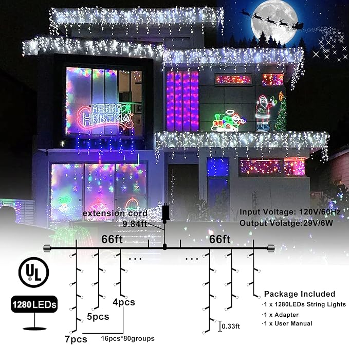 132ft Icicle Lights for Outside, 1280 LED White Christmas Lights Outdoor with 240 Twinkle Drops, 8 Modes Plug in | Lumora