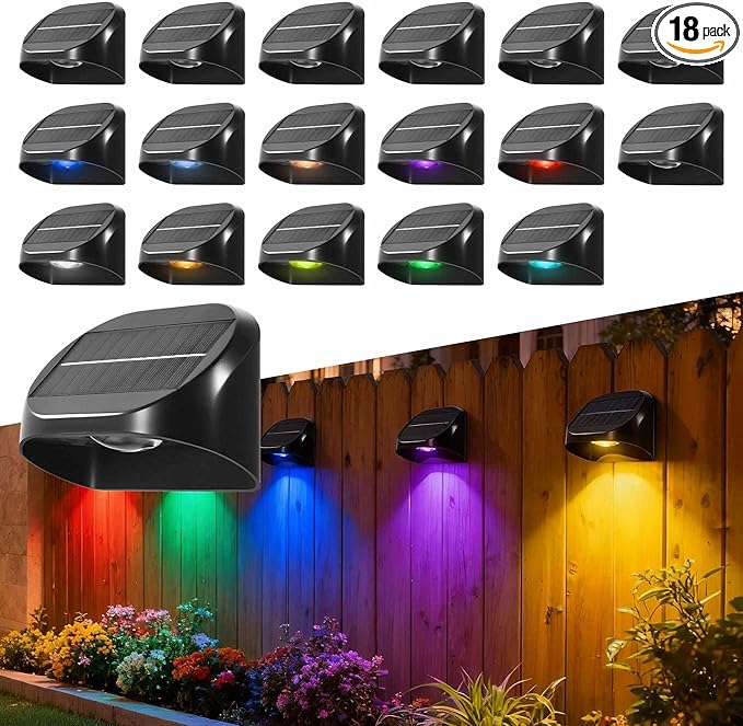 Solar Fence Lights Outdoor, 18 Pack RGB Colors Warm White Cool White Solar Deck Lights Waterproof Fence Light for Outside Stairs Backyard Patio Pool Railing
