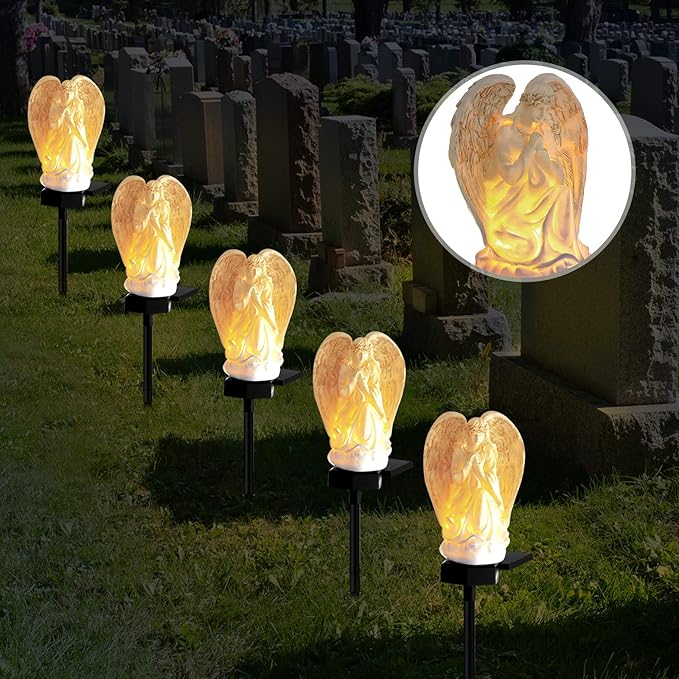 Hortsun 2 Pieces Garden Angel LED Solar Outdoor Lights Eternal Light Lawn Lamp Waterproof Solar for Outside Angel Cemetery Garden Decorations Yard Lawn Pathway Figurines