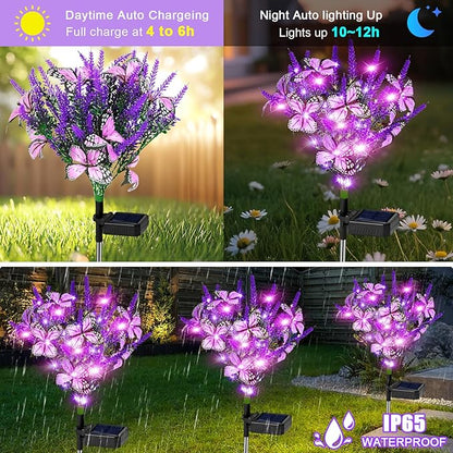 Solar Garden Lights Outdoor 4 Pack Lavender Butterfly Lights, Solar Artificial Flower Outdoor Waterproof Decoration Gardening Gifts for Women, Yard Patio Pathway Lawn Courtyard Decoration