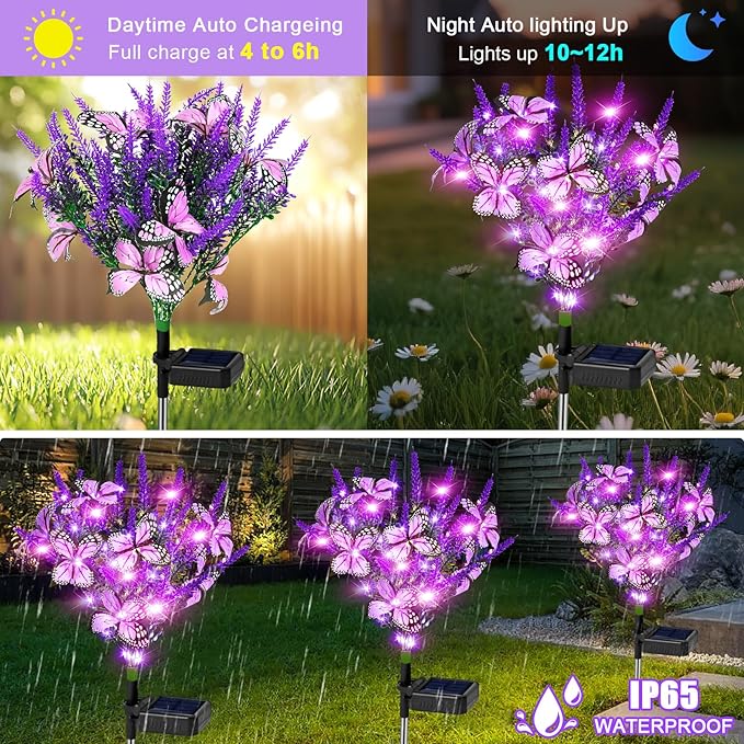 Solar Garden Lights Outdoor 6 Pack Lavender Butterfly Lights, Solar Artificial Flower Outdoor Waterproof Decoration Gardening Gifts for Women, Yard Patio Pathway Lawn Courtyard Decoration