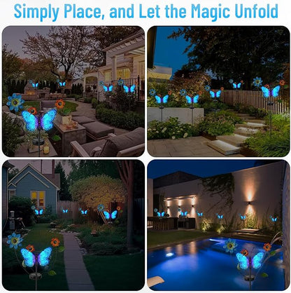 Solar Butterfly Garden Lights, 2 Lighting Modes, Colorful LED with Flower & Butterfly Decor, Waterproof Solar Stake Lights for Garden Yard Patio Lawn Pathway (Blue)
