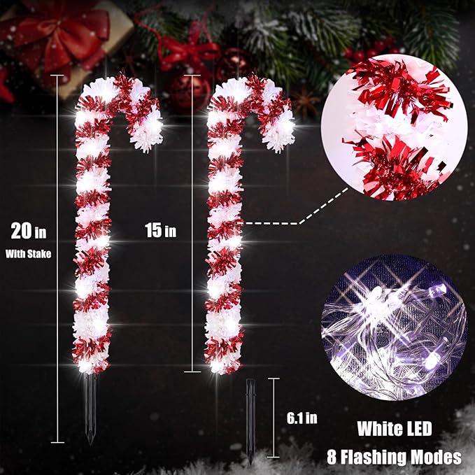 10 Pack Christmas Candy Cane Lights, 15 inch Tinsel Christmas Candy Cane Pathway Lights with 8 Modes & Timer for | Lumora