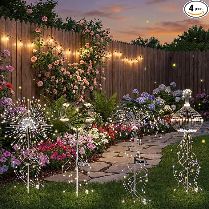 VIHOSE 4 Pack Solar Summer Outdoor Sparkler Fireworks 110 LEDs DIY Solar Outside Lights Waterproof Color Changing Jellyfish Fairy Twinkle Light for Outside Yard Pathway Garden Path Summer Decor