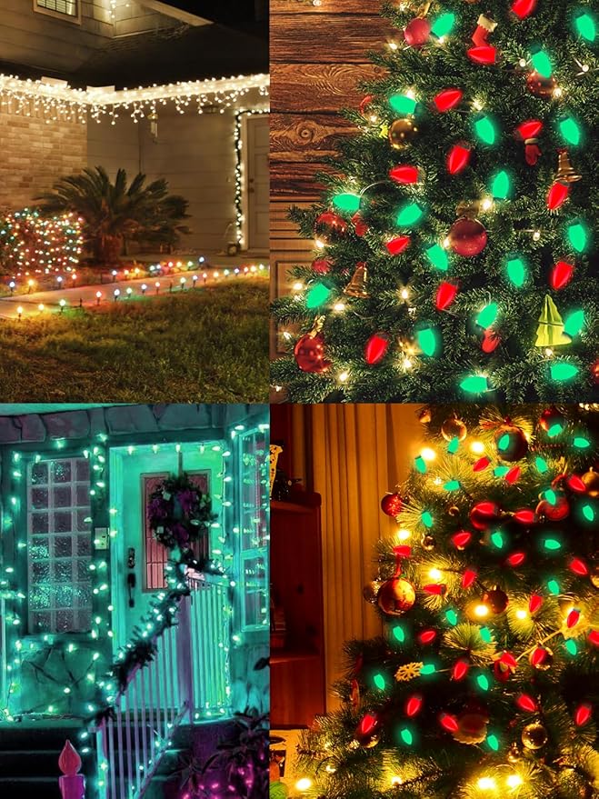 C9 LED Christmas Lights, 25Ft Vintage C9 String Lights with 26 LED Ceramic Red Green Bulbs, Hanging Connectable Christmas String Lights for Patio Garden Holiday Home Decor-Green Wire