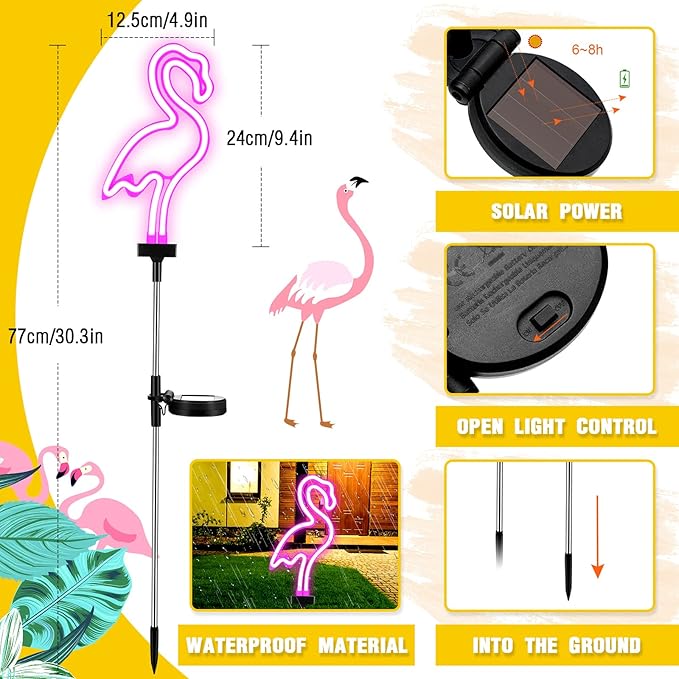 Flamingo Solar Lights Outdoor Neon Light Yard Pink Flamingo Waterproof Decorations for Garden Patio Yard Pathway Decoration(2 Pack)