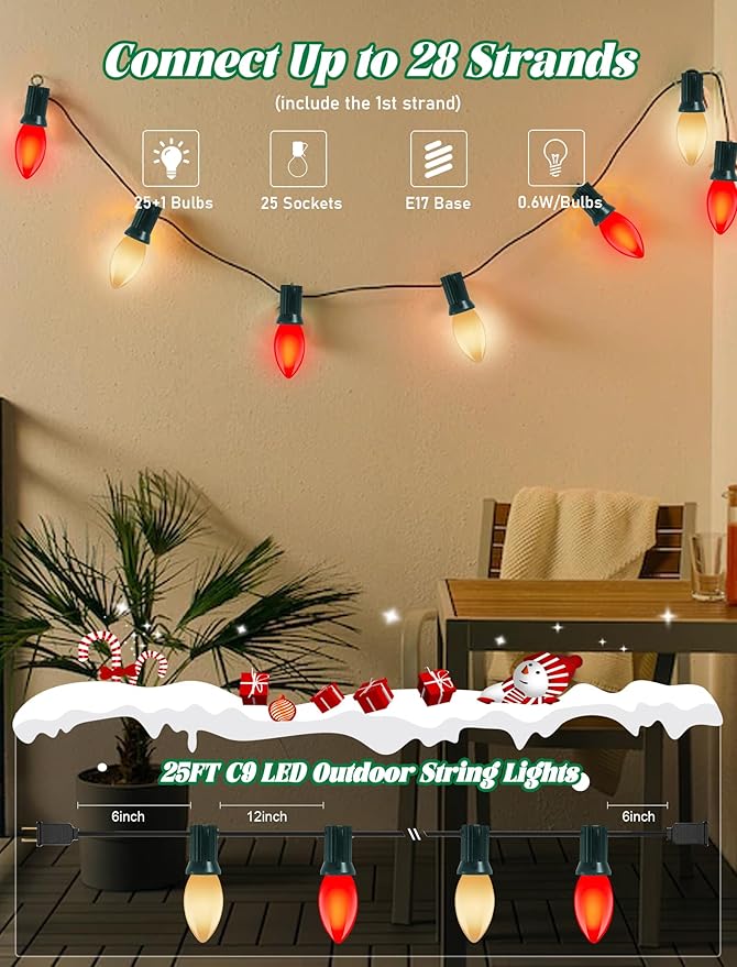 25Ft LED C9 Red and White Christmas Lights Outdoor, C9 Vintage Christmas Lights with 26 LED Red and White Bulbs | Lumora