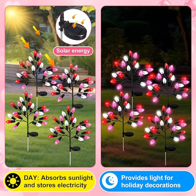 4 Pcs Valentine's Day Outdoor Decoration Solar Pathway Lights 28" Pink Stake Light Waterproof 8 Modes 80 Heart Shape LEDs for Yard Walkway Path Garden Patio Valentine Decor