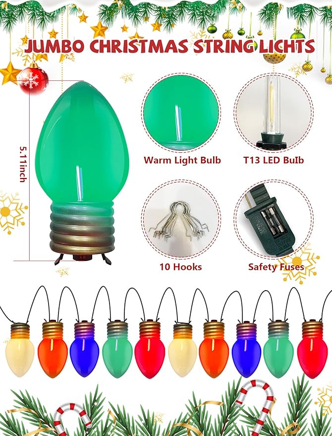 16Ft Jumbo LED Multicolor Valentine's Day String Lights Outdoor with 10 T13 LED Bulb, Multicolor Hanging String | Lumora