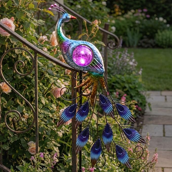 TERESA'S COLLECTIONS Solar Garden Lights Outdoor Garden Decor, Metal Peacock Decorations for Yard, 33'' Purple | Lumora