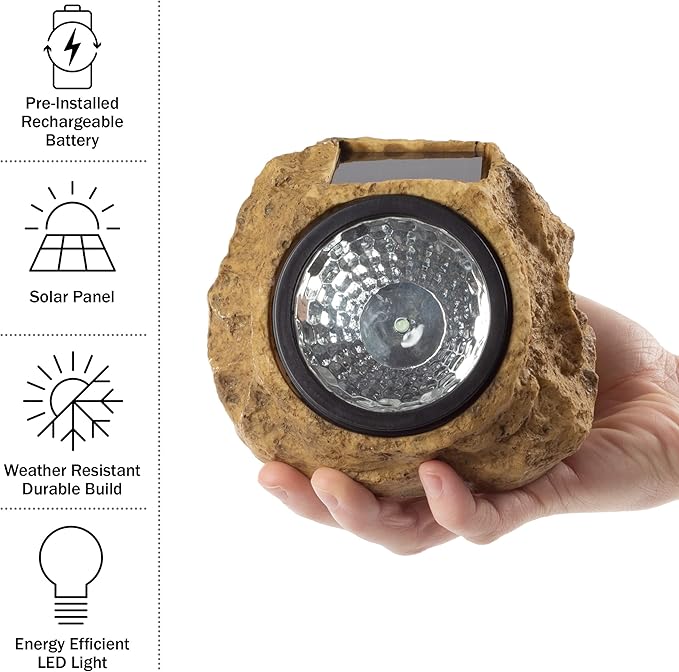 Pure Garden Solar-Powered Rock Outdoor Lights - All-Weather Faux-Stone LED Solar Lights Set for Paths, Gardens, and Landscaping, 8-Pack
