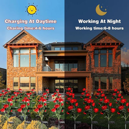 4 Pack Outdoor Solar Flower Lights with 20 Waterproof Realistic Solar Powered Rose Flowers Waterproof Decorative Lights for Garden Outside Patio Yard Lawn Pathway Backyard Decor(Red)