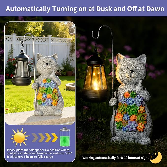 Solar Cat Garden Statue with Succulent Decor Hanging Lantern – Waterproof Resin Outdoor Figurine for Yard, Patio | Lumora