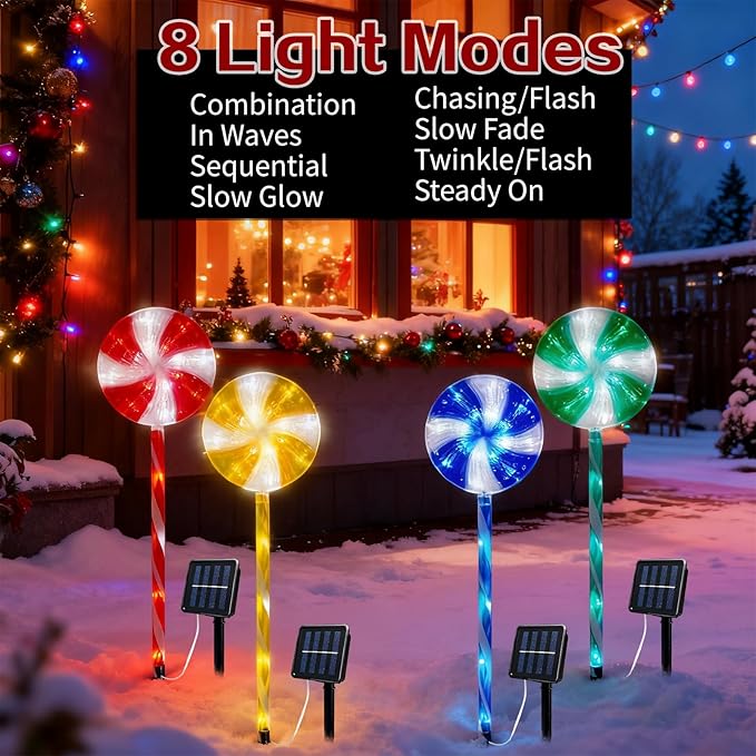 4PCS Lollipop Peppermint Solar Candy Cane Lights Outdoor - Christmas Solar Pathway Lights Christmas Lollipop Decorations 8 Modes Candy Cane Pathway Light for Outside Yard Walkway