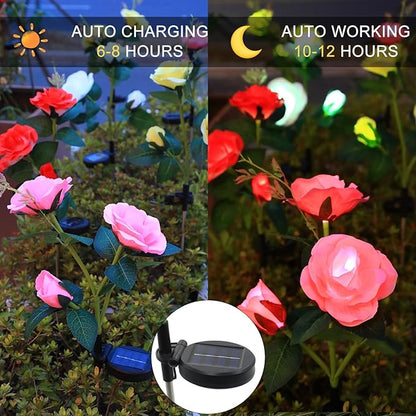 Garden 4 Pack LED Solar Flower Lights with More Realistic Rose Flowers Solar Garden Lights Outdoor Waterproof for Yard Patio Lawn Pathway Walkway Decoration 4-Pack Yellow & Pink & Red & White Combo