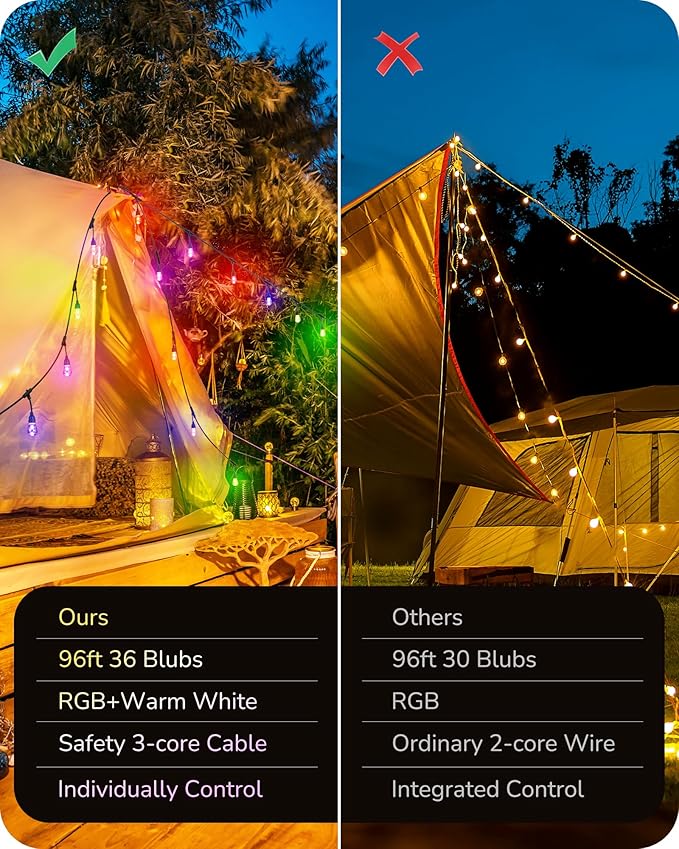 EDISHINE 96ft Smart Christmas Outdoor String Lights, Color Changing Light 36 RGBW LED Bulbs, Compatible with Alexa, Waterproof Dimmable WiFi Outdoor Lights for Backyard, Party, Holiday Decor