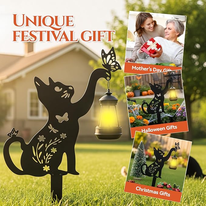Black Cat Garden Decorations Outdoor - Solar Lights Outdoor Garden Decor Stake with Butterfly Decorative Metal Housewarming Ornament for Yard Lawn Patio – Unique Gift Ideas for Mom Woman Grandma