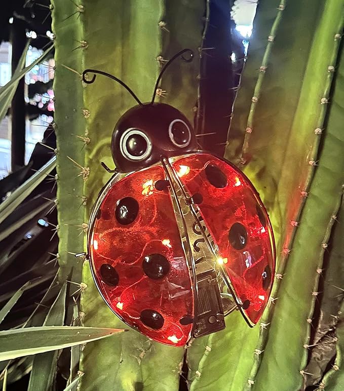 9.8“ Ladybug Solar Night Garden Light - Waterproof LED Outdoor Decorative Lantern, Metal Solar Powered Yard Art, Ladybug Gifts for Patio and Garden, Solar Landscape Path Light Ornament