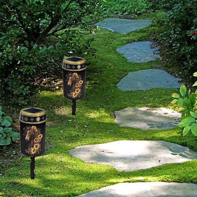 Sunflower Horse Solar Yard Light Outdoor Solar Garden Lights Pathway Solar Lights for Prayer Cemetery Solar Lights for Grave Cemetery Decor Candle Lamp