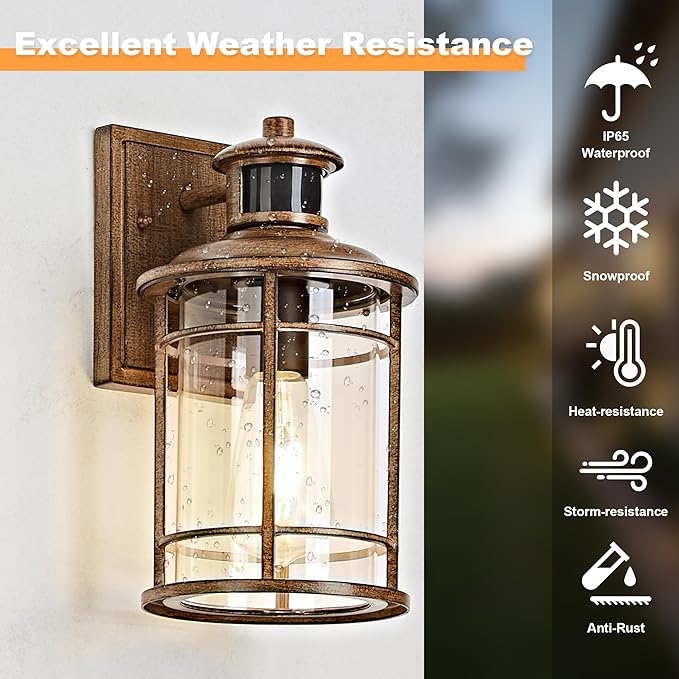 OKELI Motion Sensor Outdoor Wall Lights-Dusk to Dawn Porch Light,Faux Wood Grain Outdoor Lights Fixture,3 Lighting Modes Waterproof Anti-Rust Outdoor Lights for House Porch Garage (2 Pack
